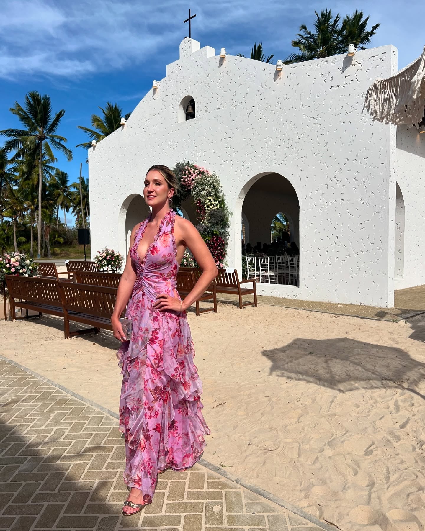 Halter Floral Ruffle Maxi Dress Pink HV2137
