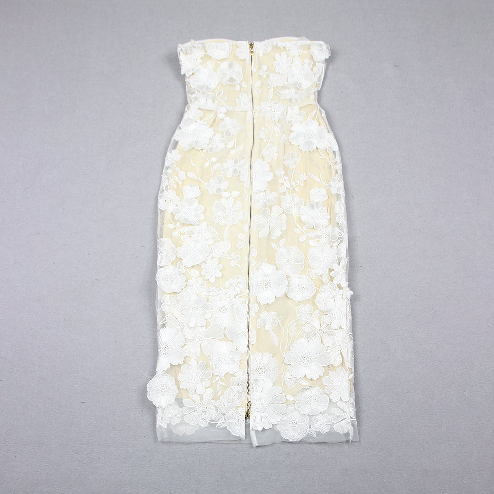 Strapless Bustier Floral Lace Midi Dress White HV1017