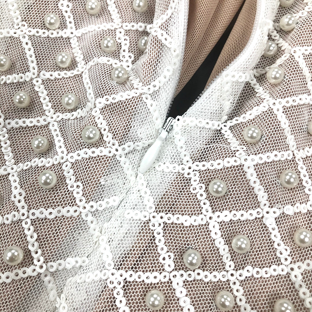 Long Sleeve Pearl Sequin Dress White HV1801