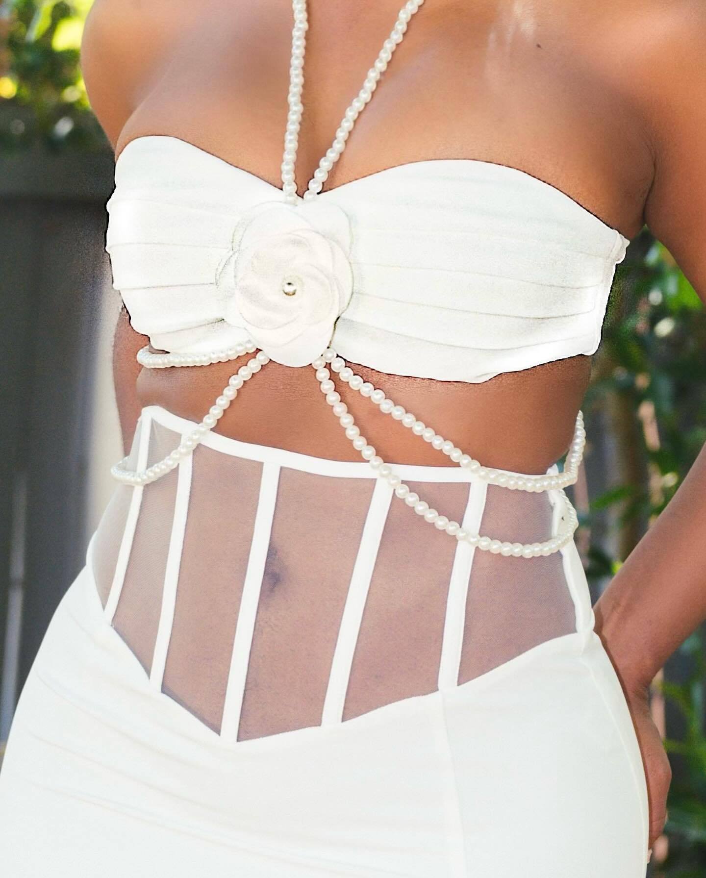 Halter Pearl Bustier Maxi Two Piece Dress White HV1494