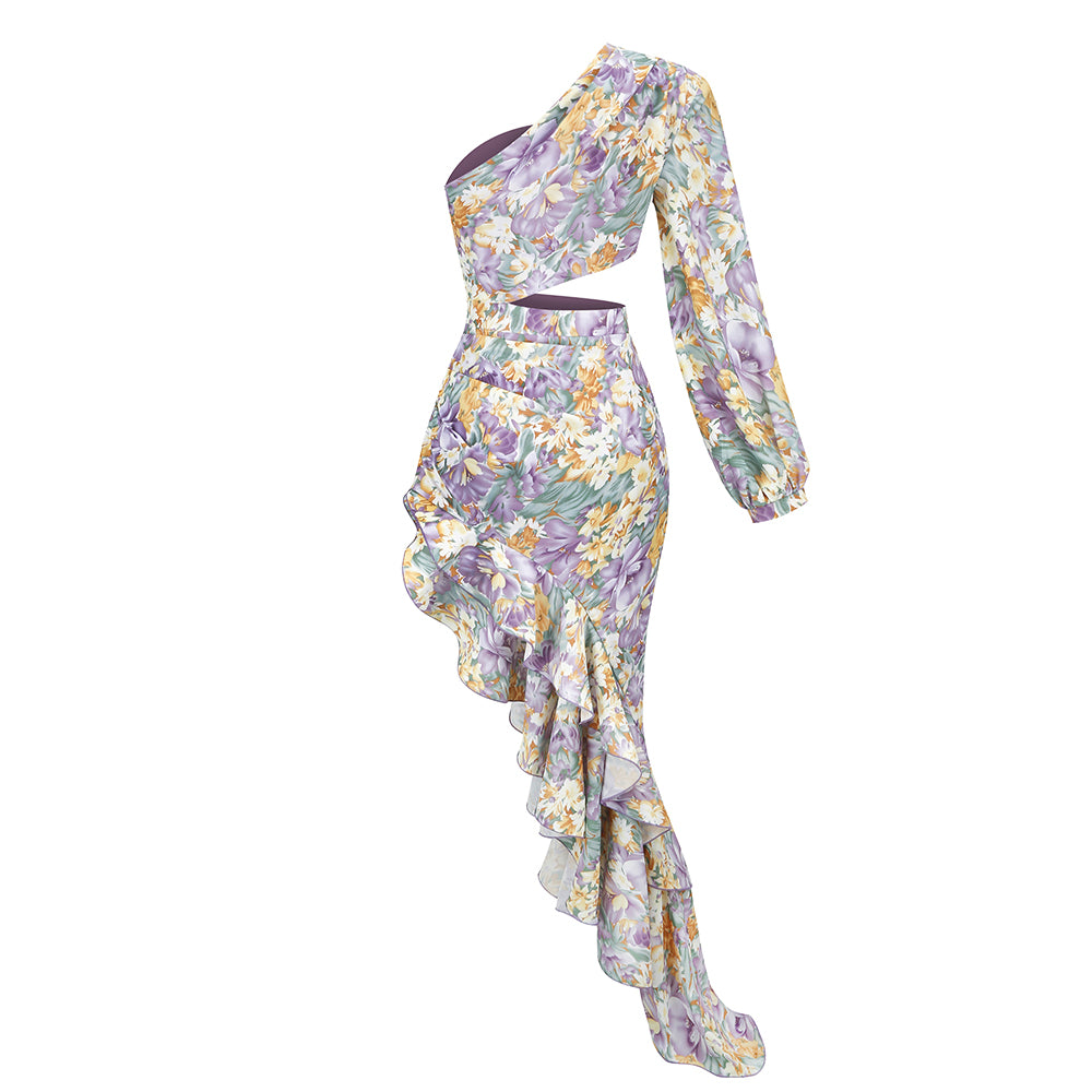 One Sleeve Floral Ruffle Maxi Dress Lavender HV8641