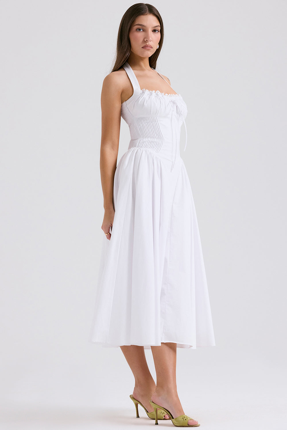 Halter Lace Bustier A Line Midi Dress White HV1290
