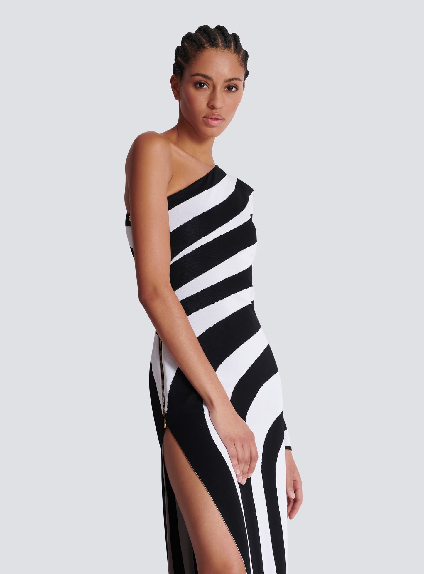 One Sleeve Striped Maxi Dress Black White HV1823