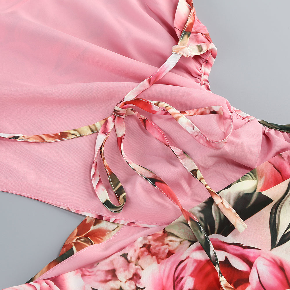 Halter Floral A Line Maxi Dress Pink HV1366