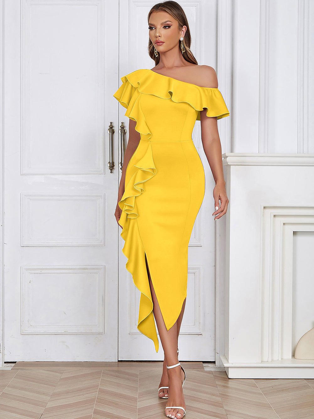 Off Shoulder Ruffle Midi Dress HV9649