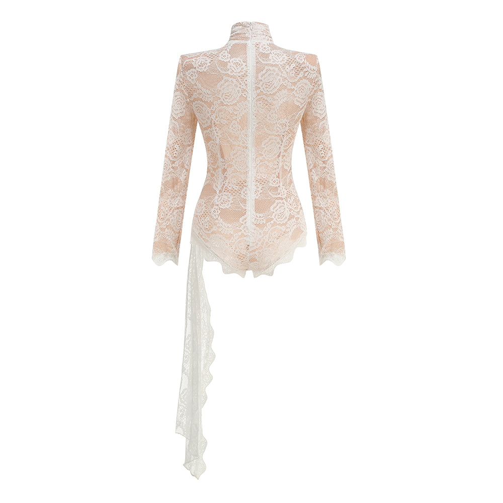 Long Sleeve Draped Lace Bodysuit White HV1546