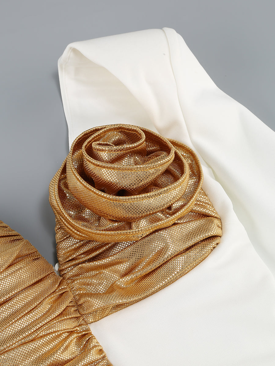 One Sleeve Floral Ruched Maxi Dress White Gold