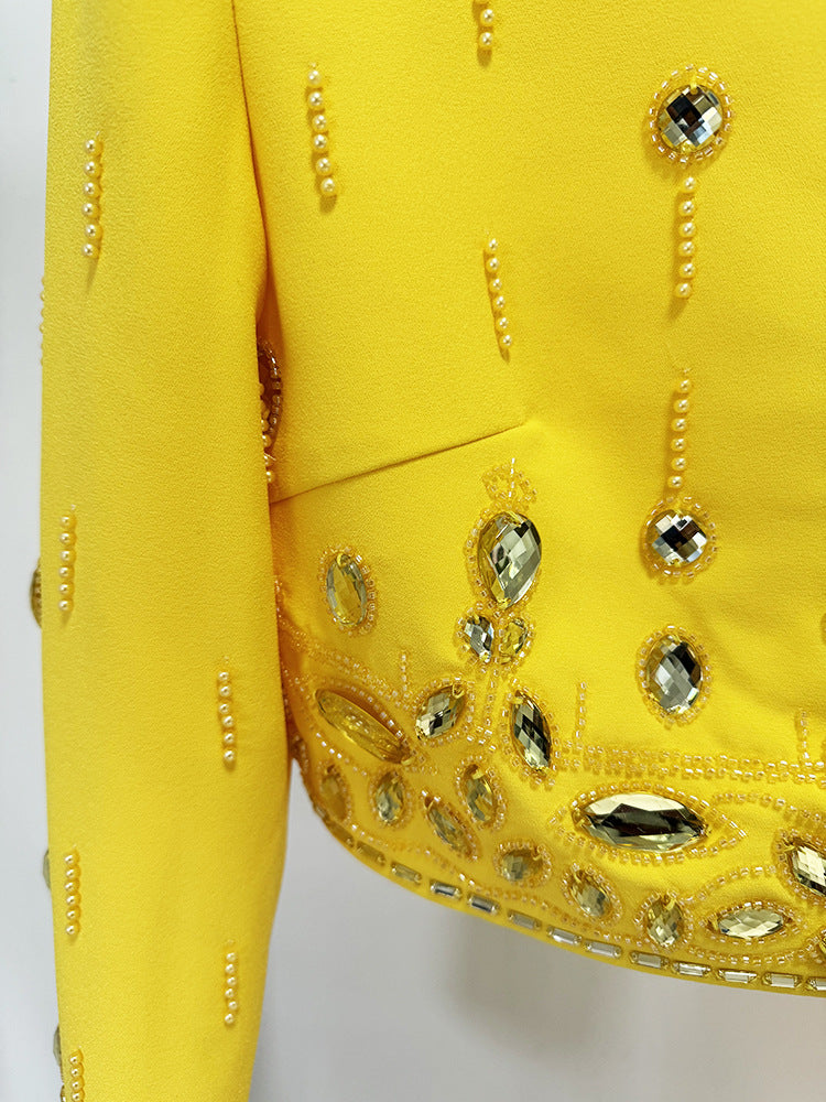 Long Sleeve Crystal Midi Two Piece Dress Yellow HV1185