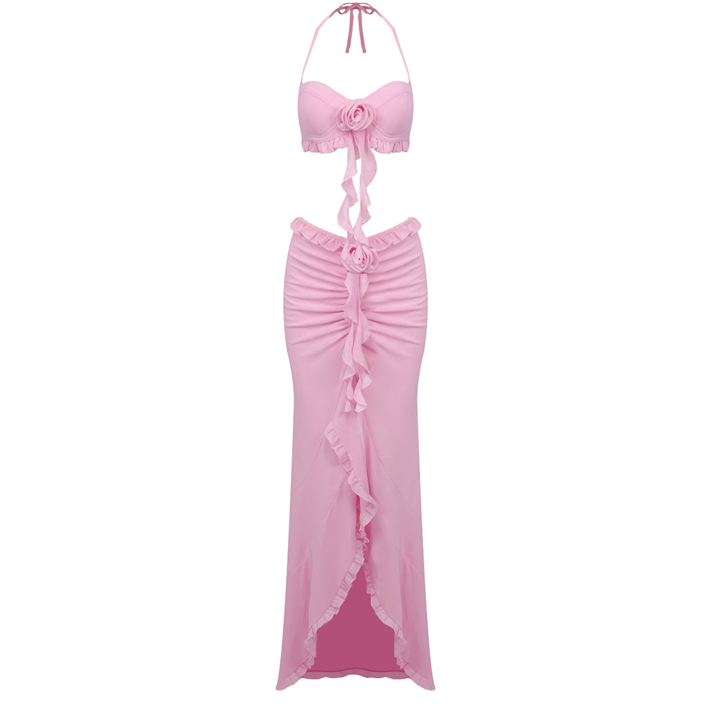 Halter Floral Ruffle Two Piece Maxi Dress Pink HV1510