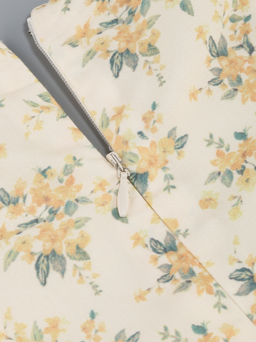 Short Sleeve Floral A Line Dress Yellow HV1205