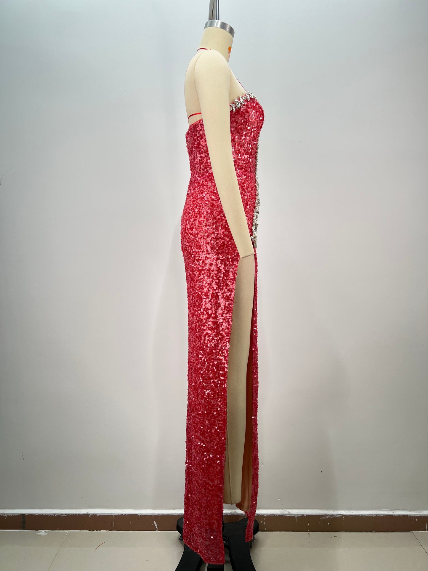 Strapless Crystal Sequin Maxi Dress Red HV1755