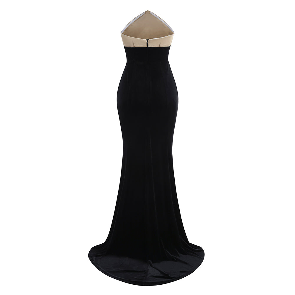 Strapless Mermaid Maxi Velvet Dress Black Ivory HV2111