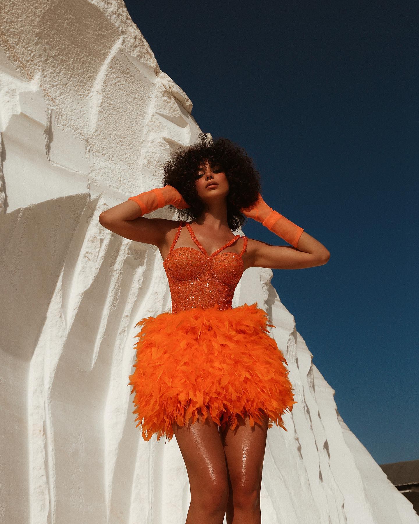 Bustier Sequin Feather Dress Orange HV9569