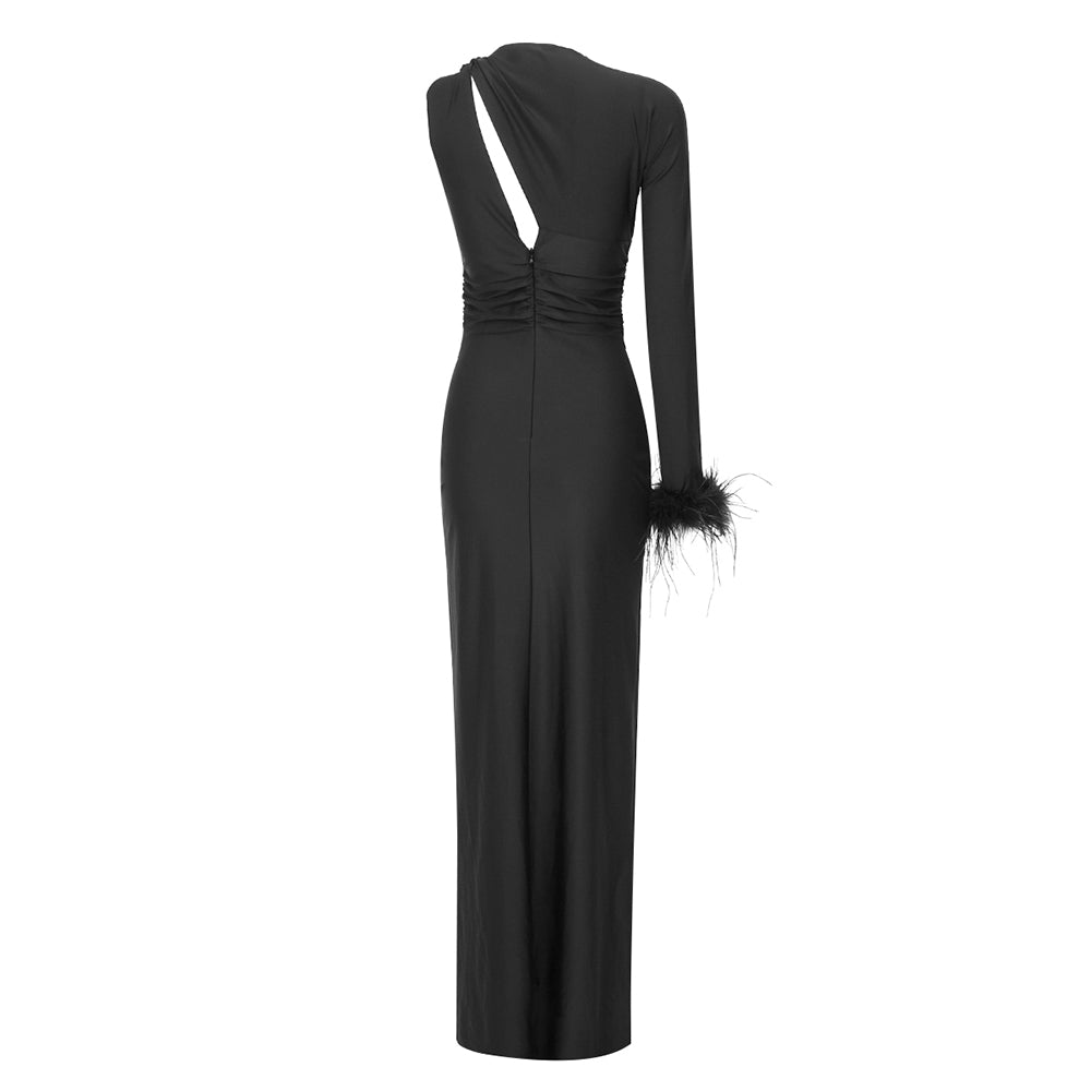One Sleeve Feather Maxi Dress Black HV1081