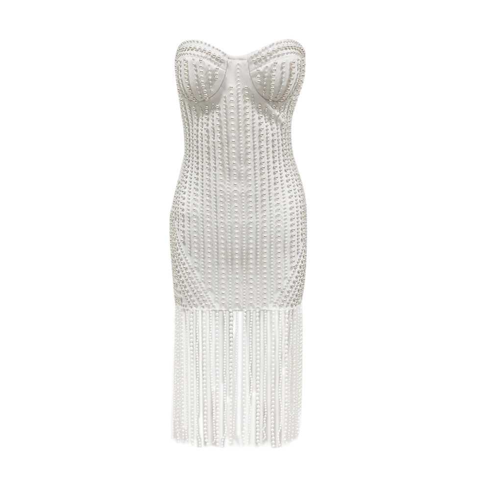 Strapless Bustier Pearl Tassel Midi Dress HV1353