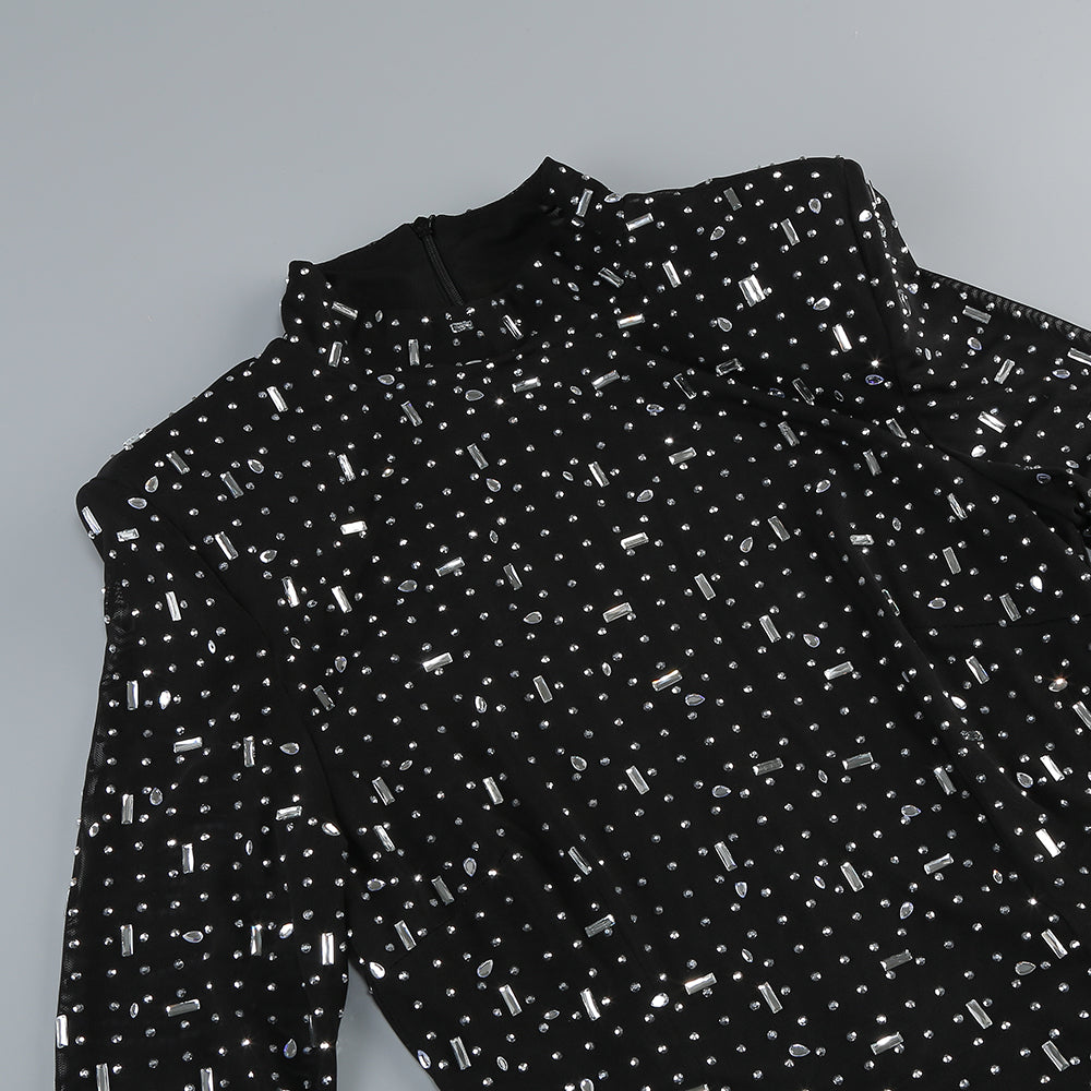 Long Sleeve Embellished Mermaid Dress Black HV1750