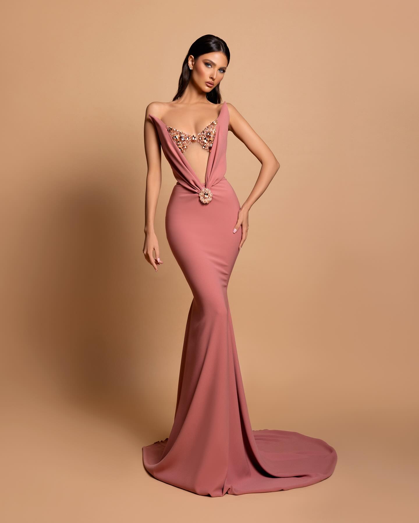 Strapless Crystal Bustier Maxi Velvet Dress Pink HV1745