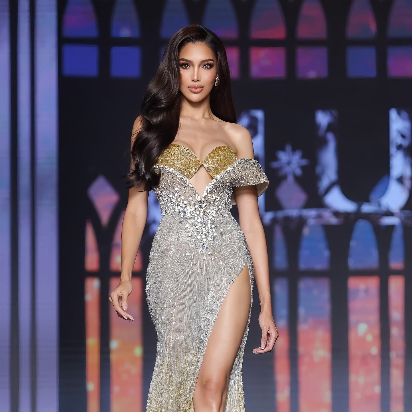 Bardot Crystal Sequin Maxi Dress Gold Silver HV1540