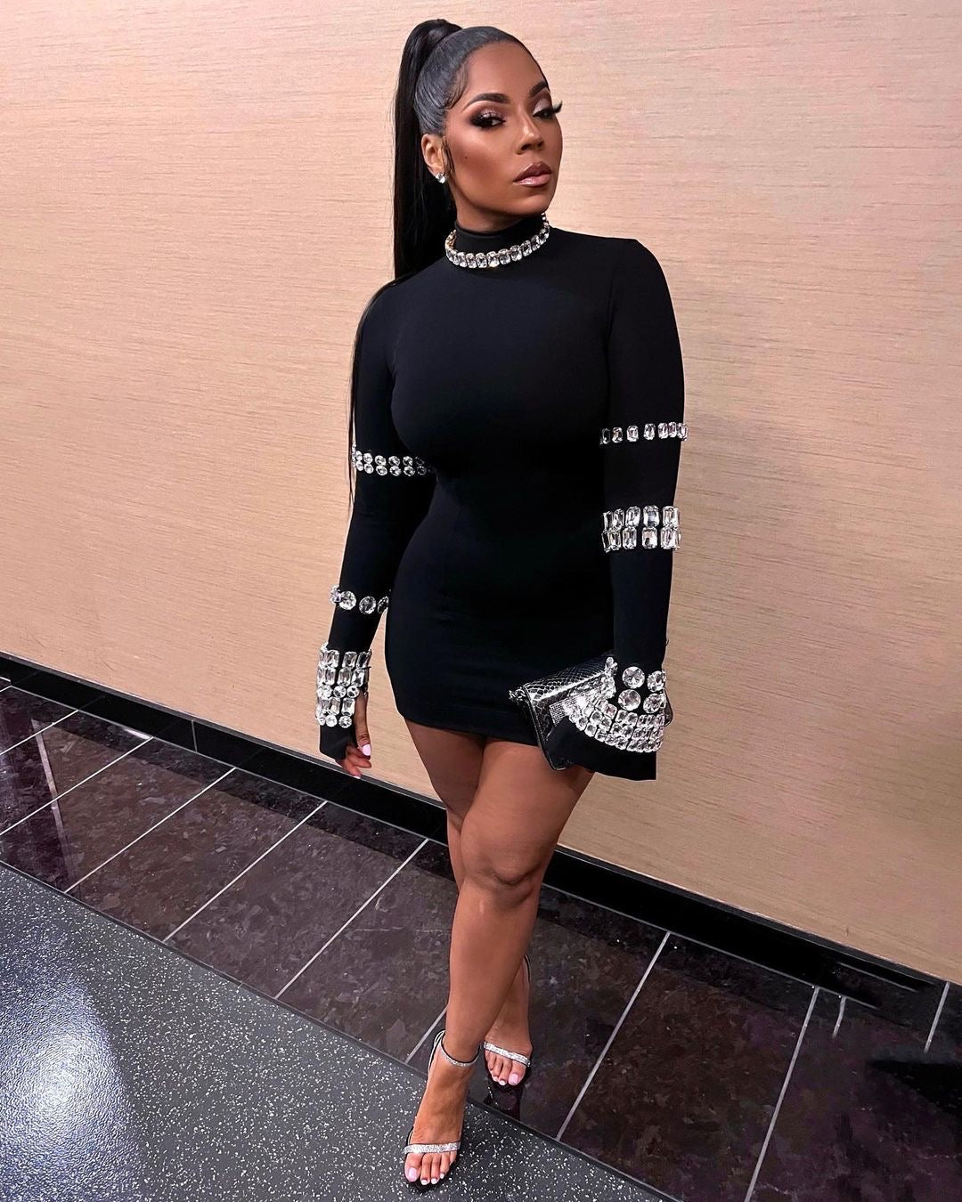 Crystal Long Sleeve Midi Dress Black HV9819