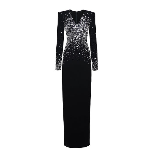 Long Sleeves Crystal Maxi Dress Black HV2070