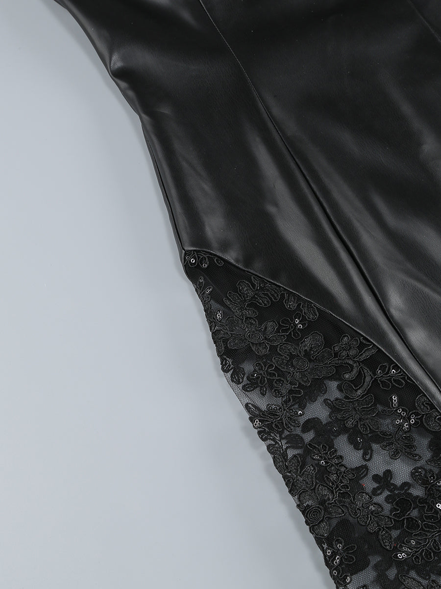 Strapless Sequin Lace Maxi Faux Leather Dress Black