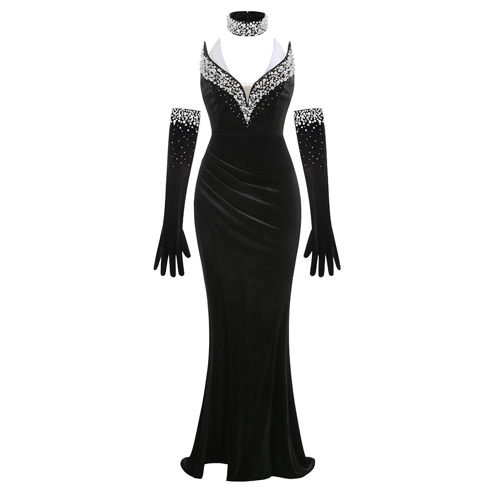 Strapless Pearl Detail Maxi Velvet Dress Black HV1979
