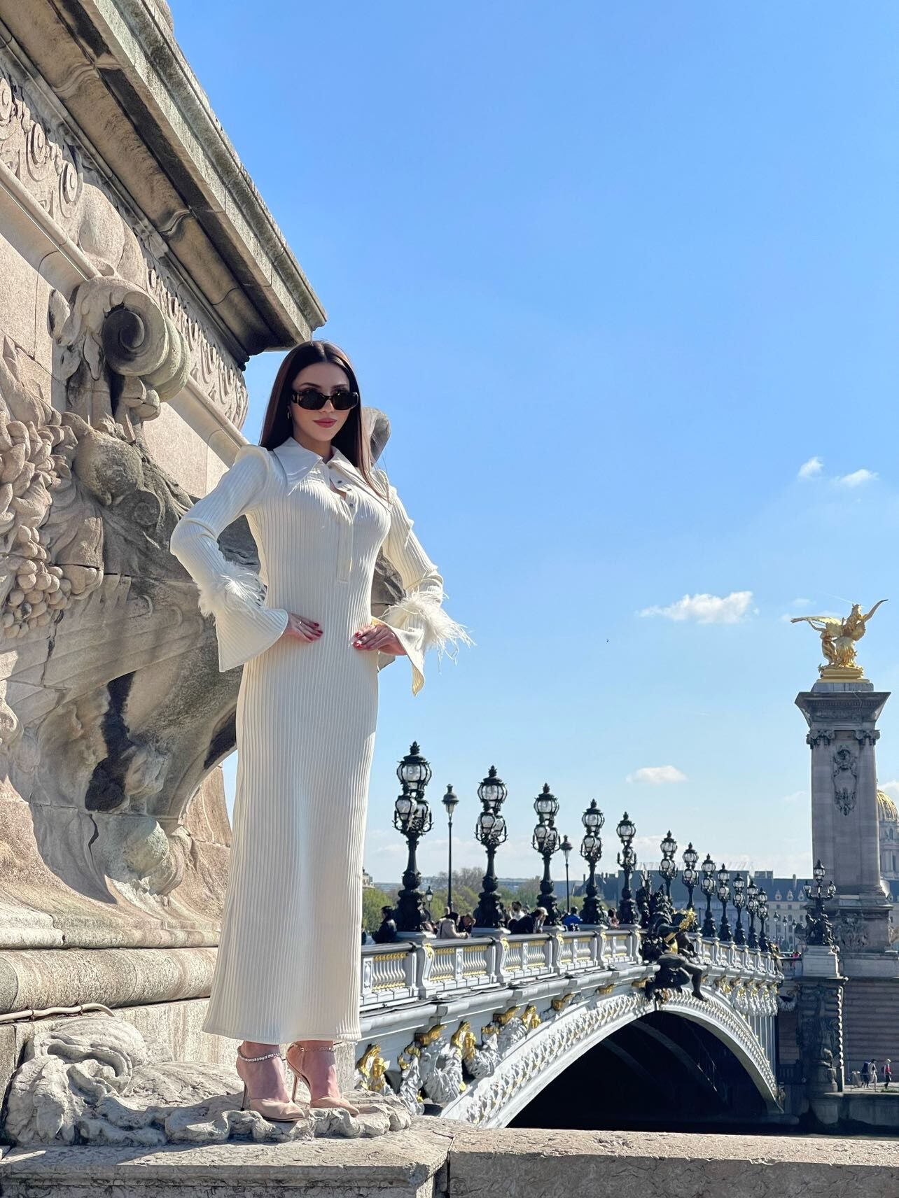 Long Sleeve Feather Ribbed Maxi Dress Ivory HV8975