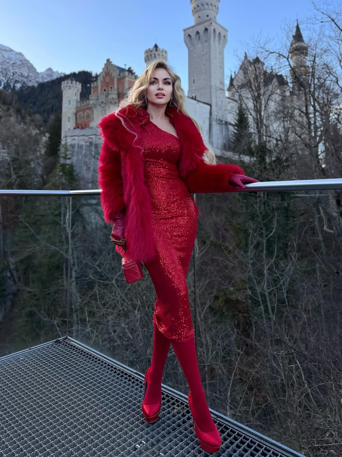 One Sleeve Sequin Midi Dress Red HV9898