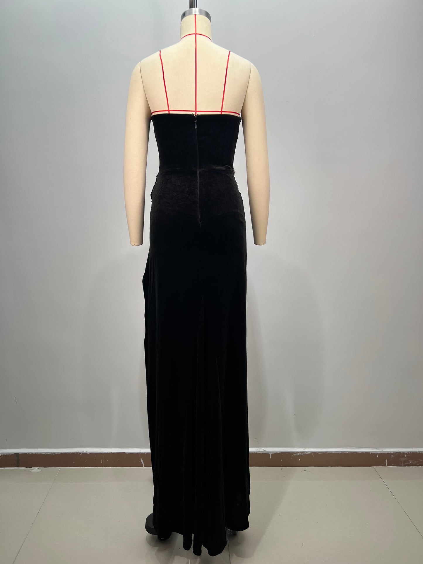Strapless Crystal Floral Maxi Velvet Dress Black HV1677