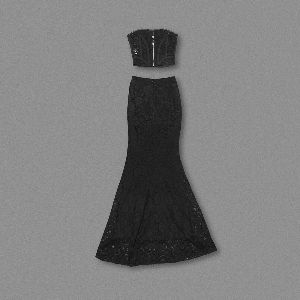 Strapless Lace Corset Two Piece Maxi Dress Black HV1056