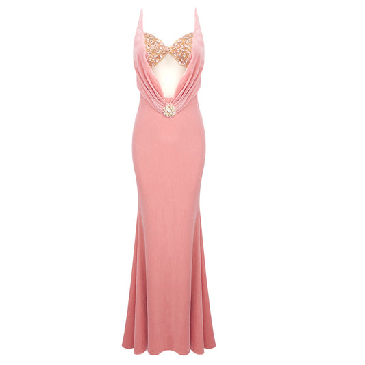 Strapless Crystal Bustier Maxi Velvet Dress Pink HV1745