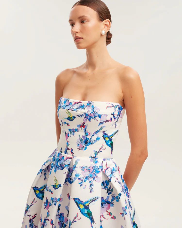 Strapless Floral Corset A Line Midi Dress