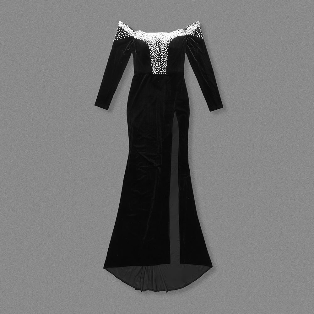 Long Sleeve Bardot Pearl Maxi Velvet Dress Black HV2093
