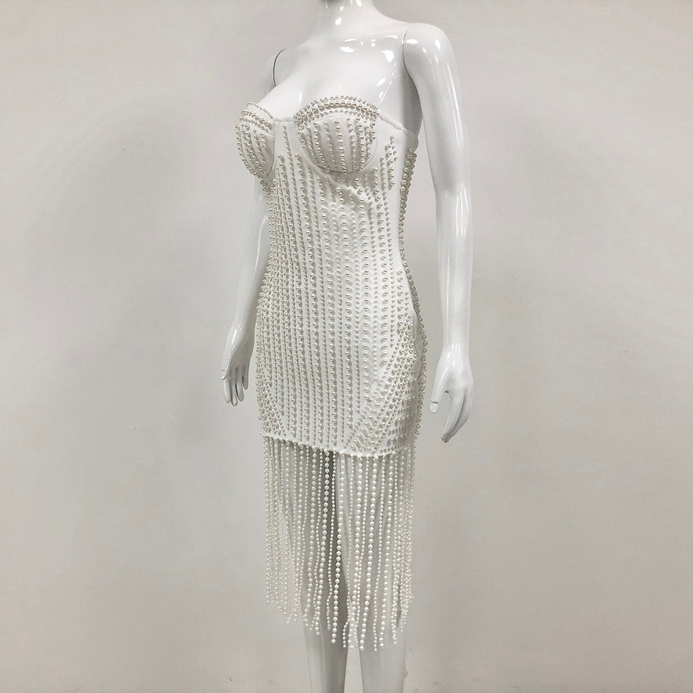 Strapless Bustier Pearl Tassel Midi Dress HV1353