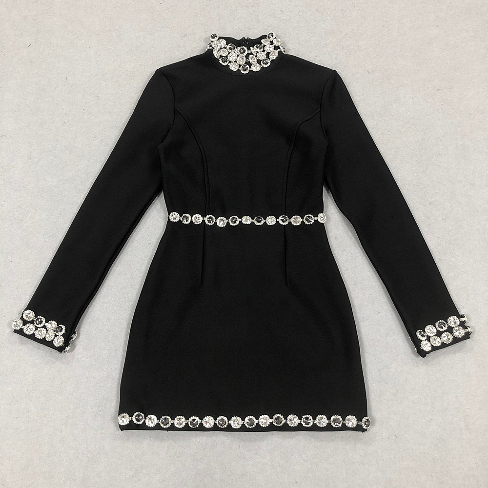 Long Sleeve Crystal Trim Detail Dress Black HV1665