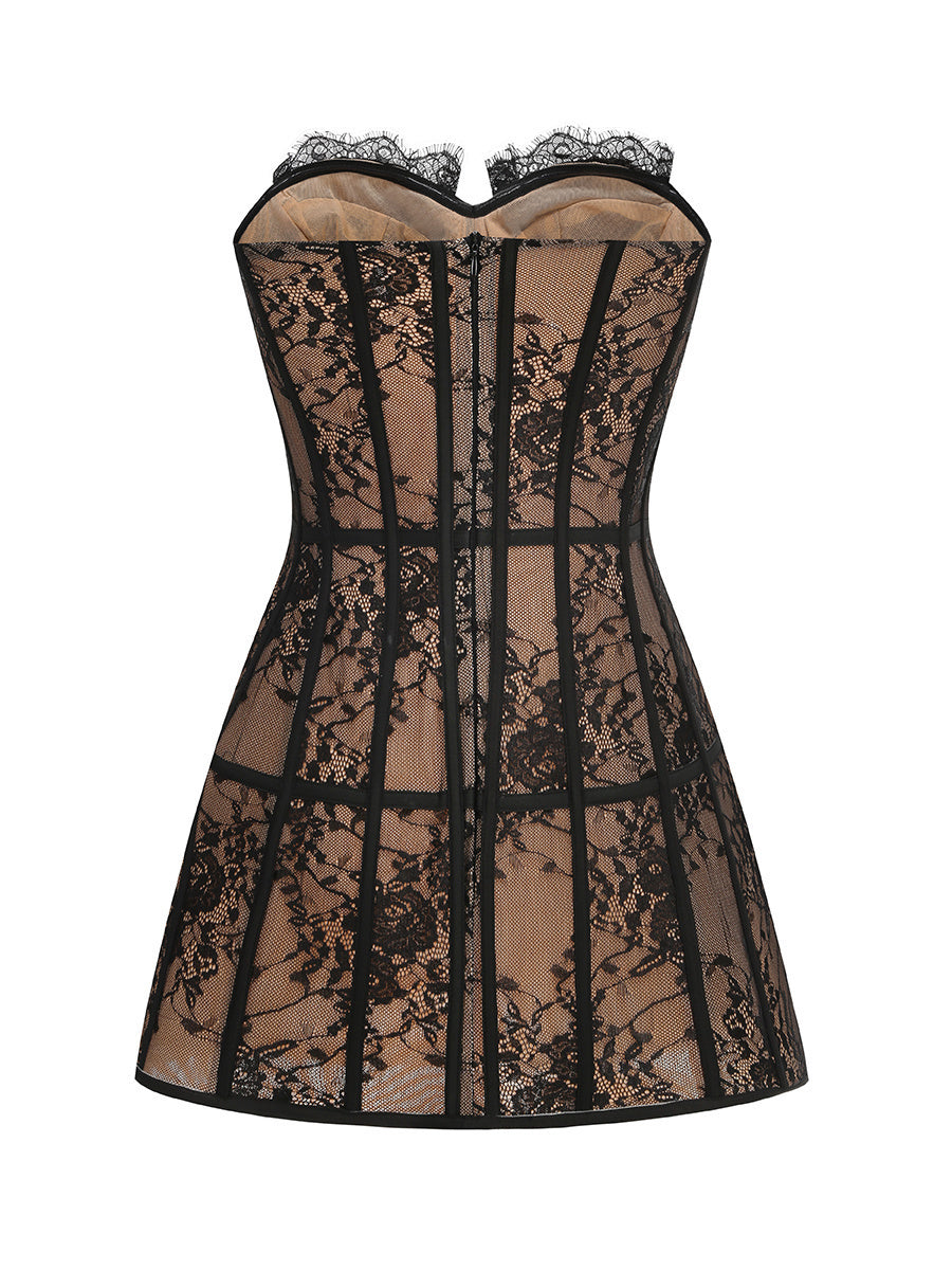 Strapless Lace Bustier A Line Dress Black HV2600