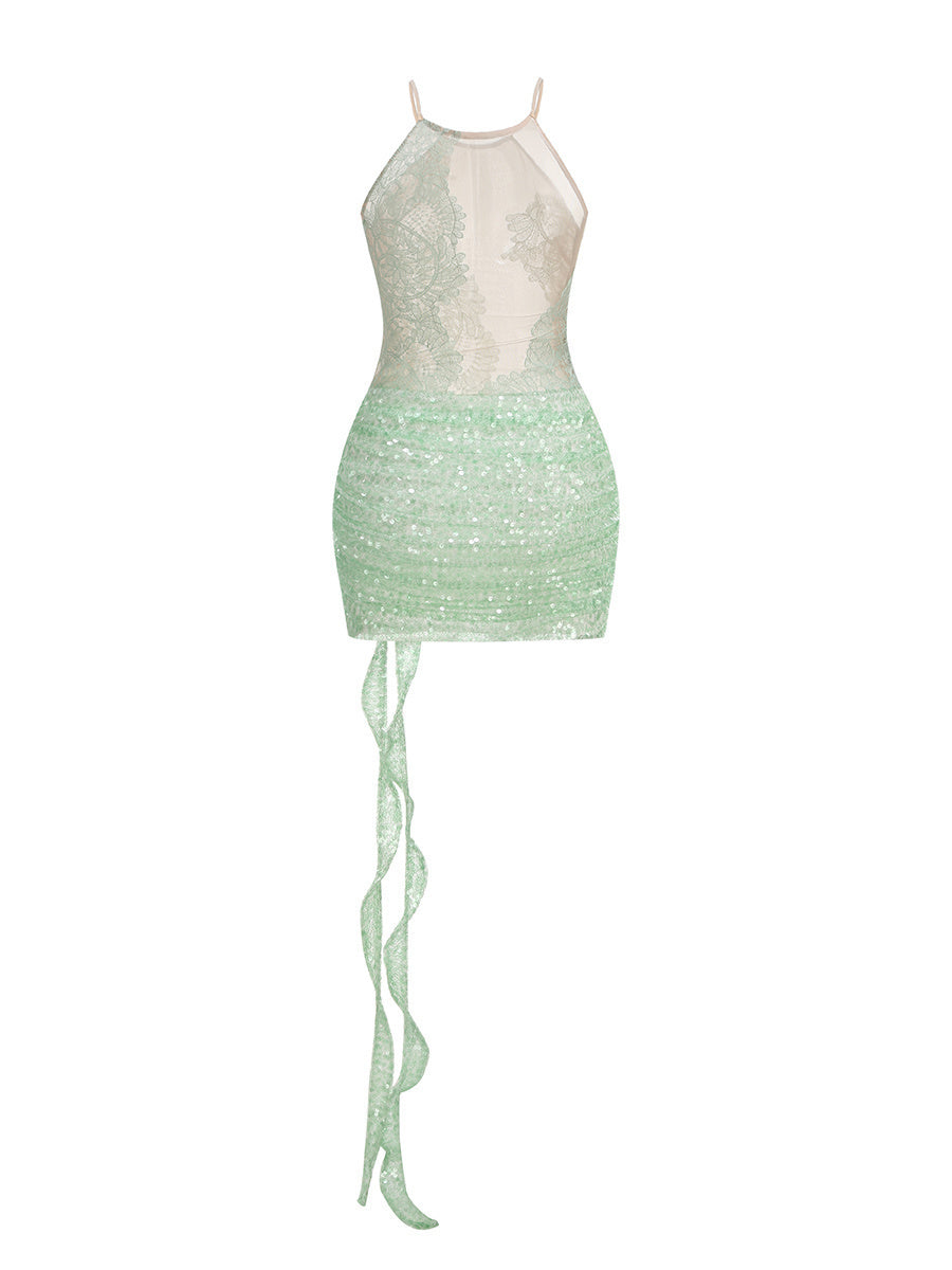 Lace Floral Sequin Dress Green HV2655