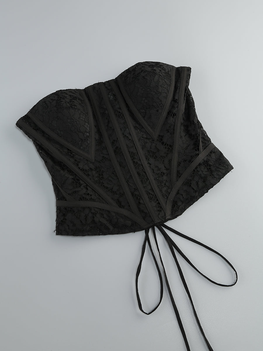 Strapless Lace Corset A Line Two Piece Maxi Dress Black