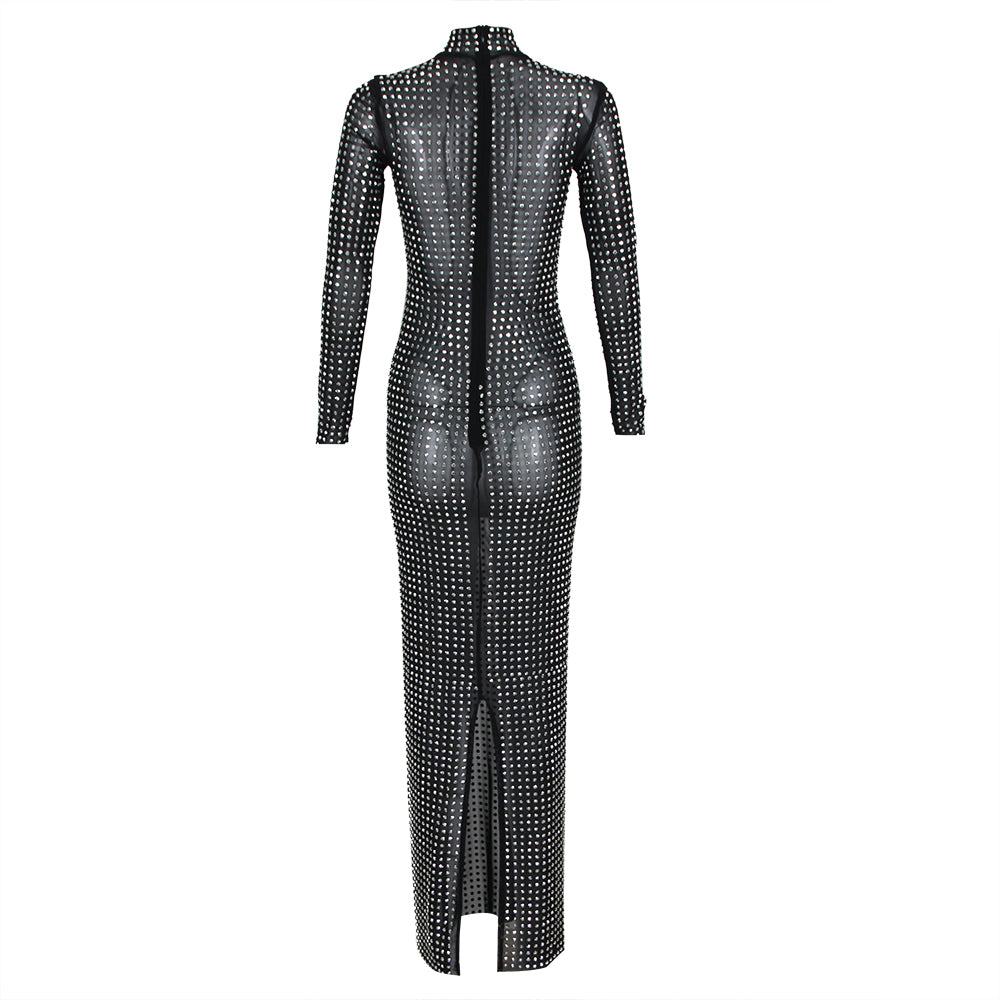 Long Sleeve Studded Mesh Maxi Dress Black HV9952