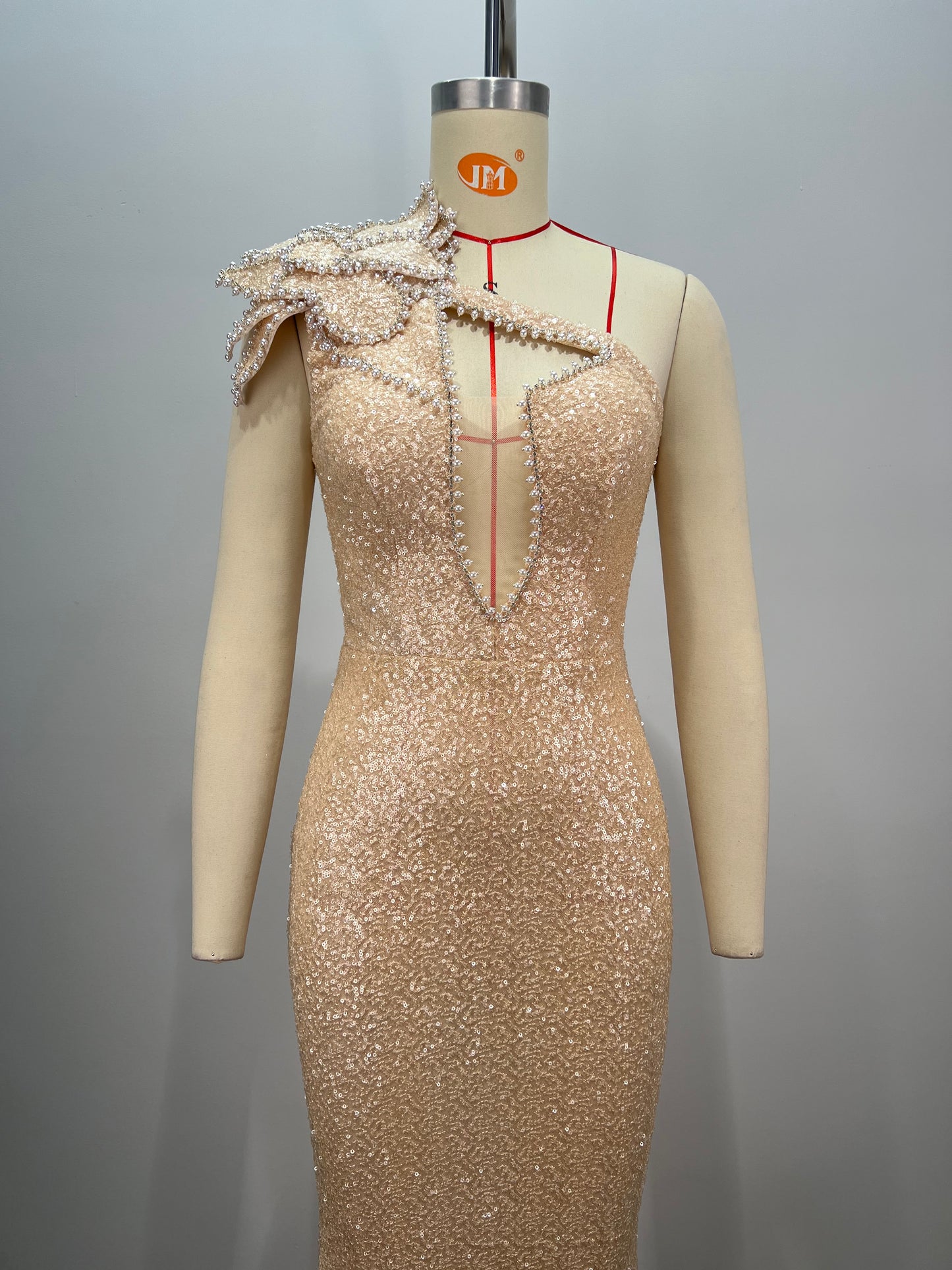 One Shoulder Pearl Sequin Maxi Dress Nude HV1782