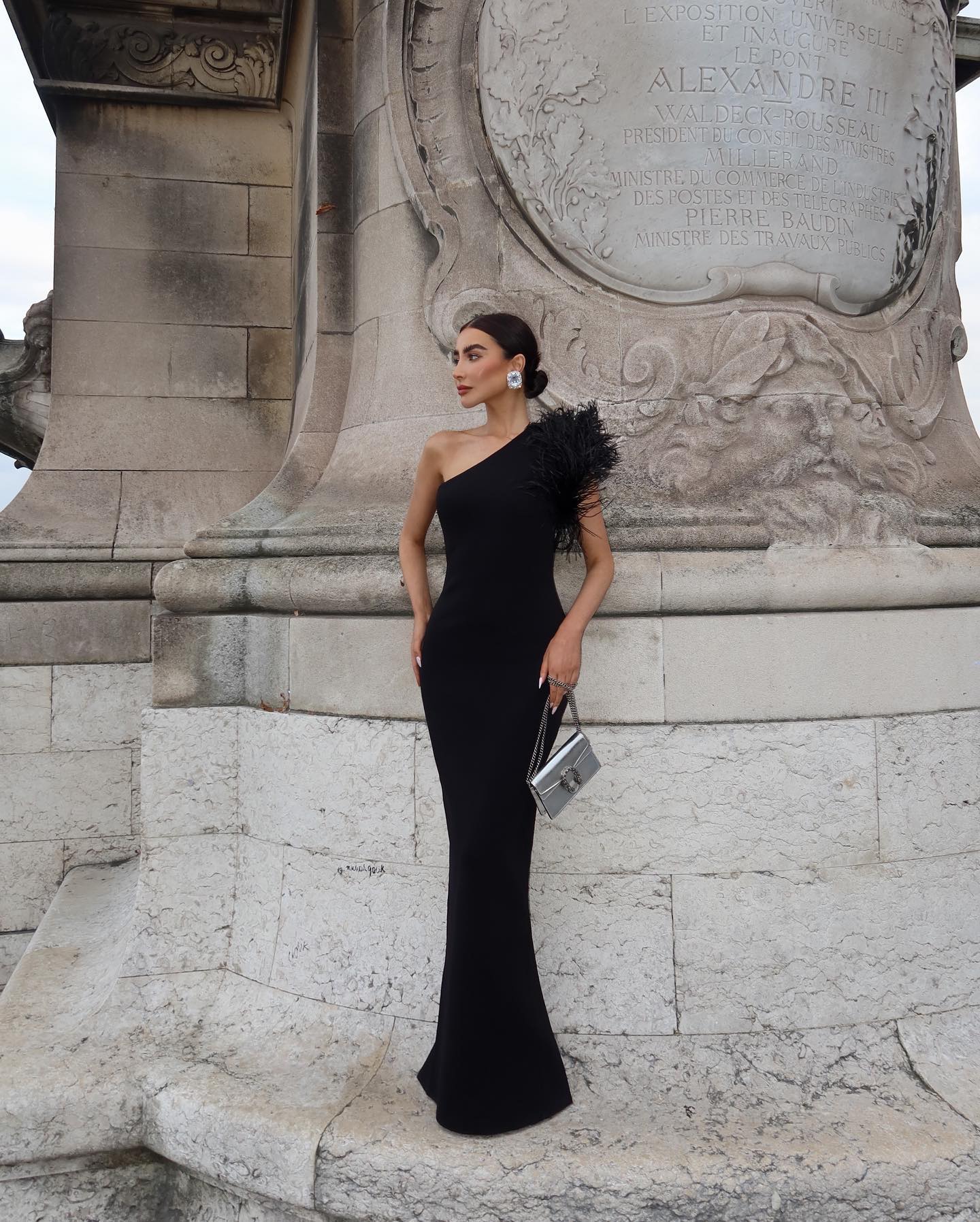 Feather One Shoulder Mermaid Maxi Dress Black HV9959