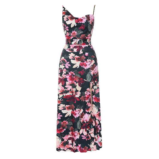 Floral Belt Maxi Dress Navy Pink HV9796
