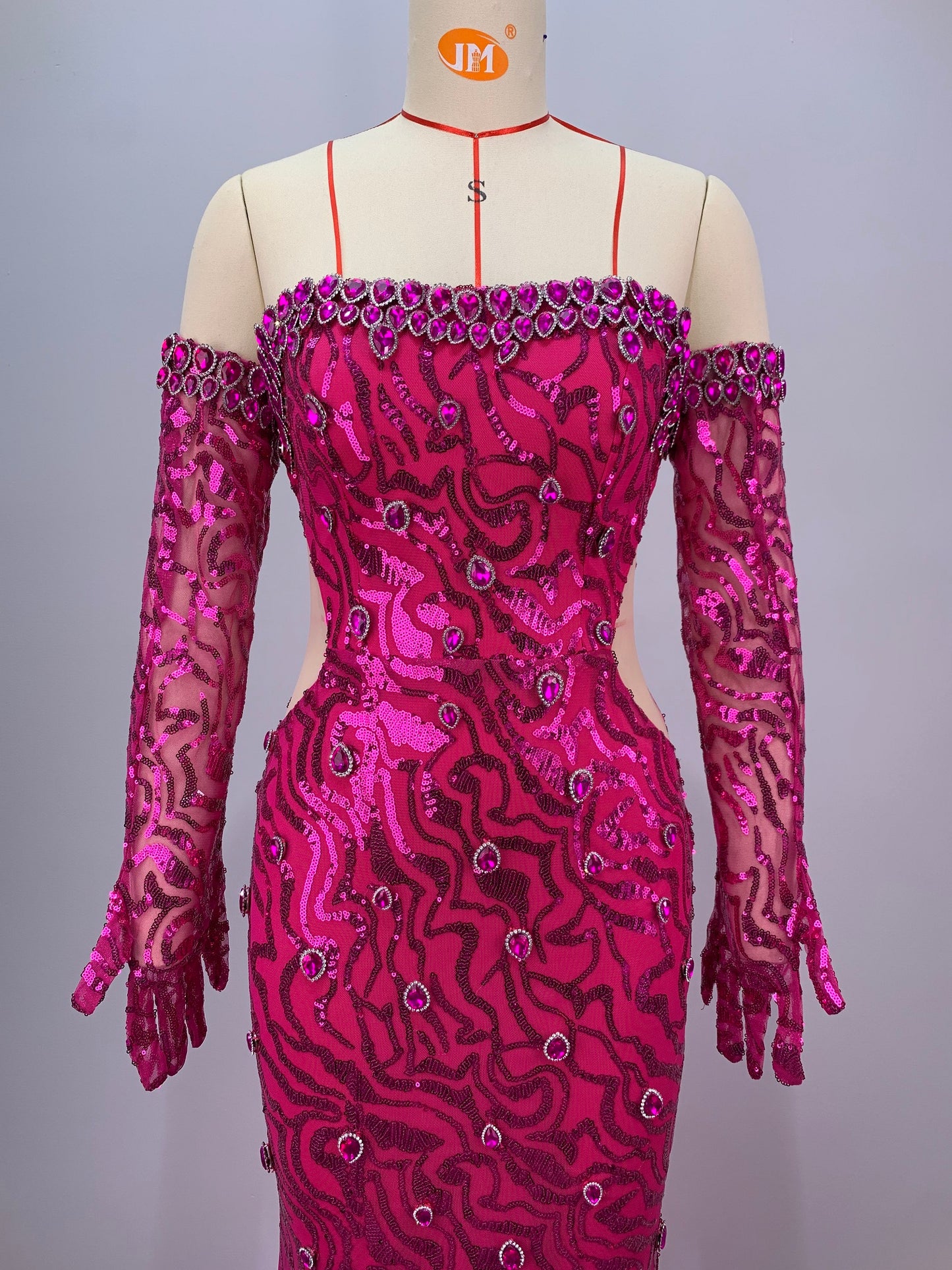 Strapless Sequin Feather Maxi Dress Hot Pink HV1553