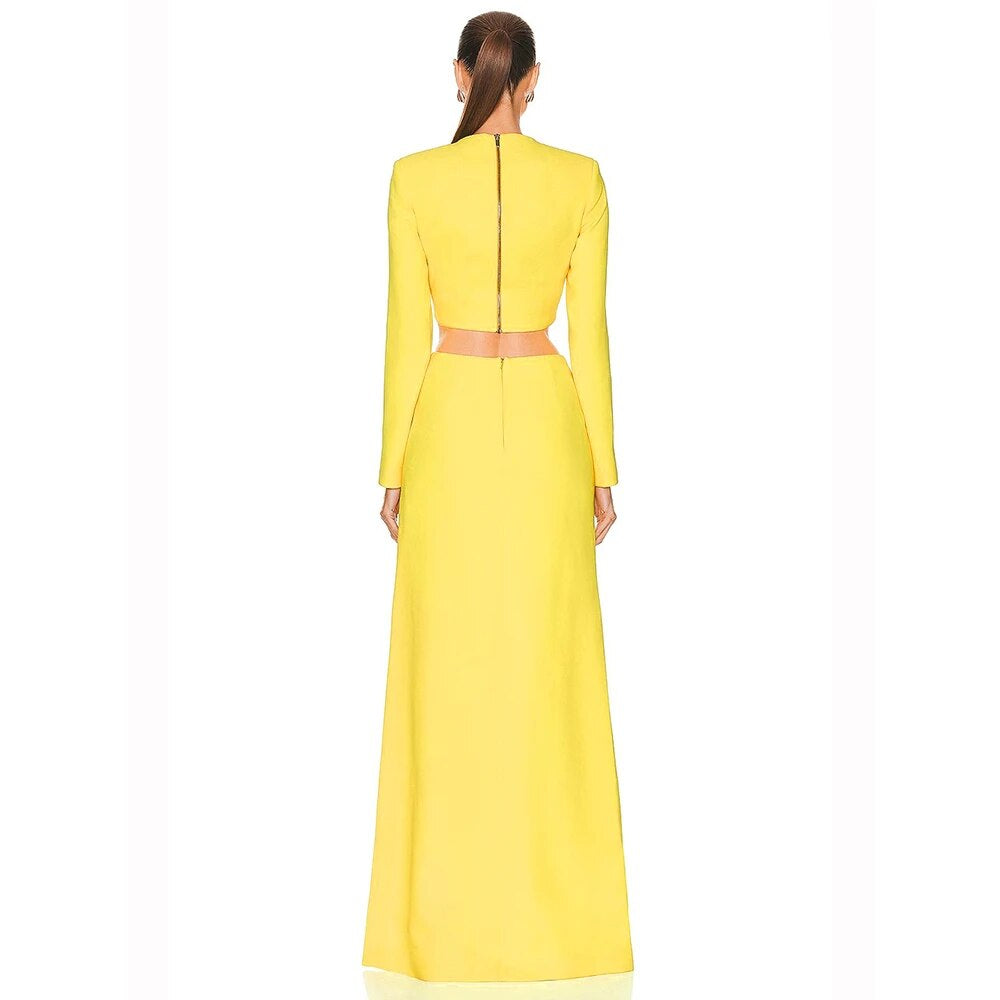 Long Sleeve Star Detail Two Piece Maxi Dress Yellow HV9902