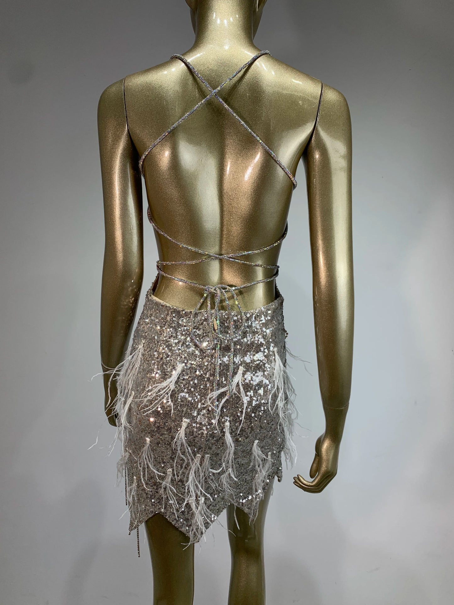 Halter Crystal Feather Sequin Dress Silver HV1442