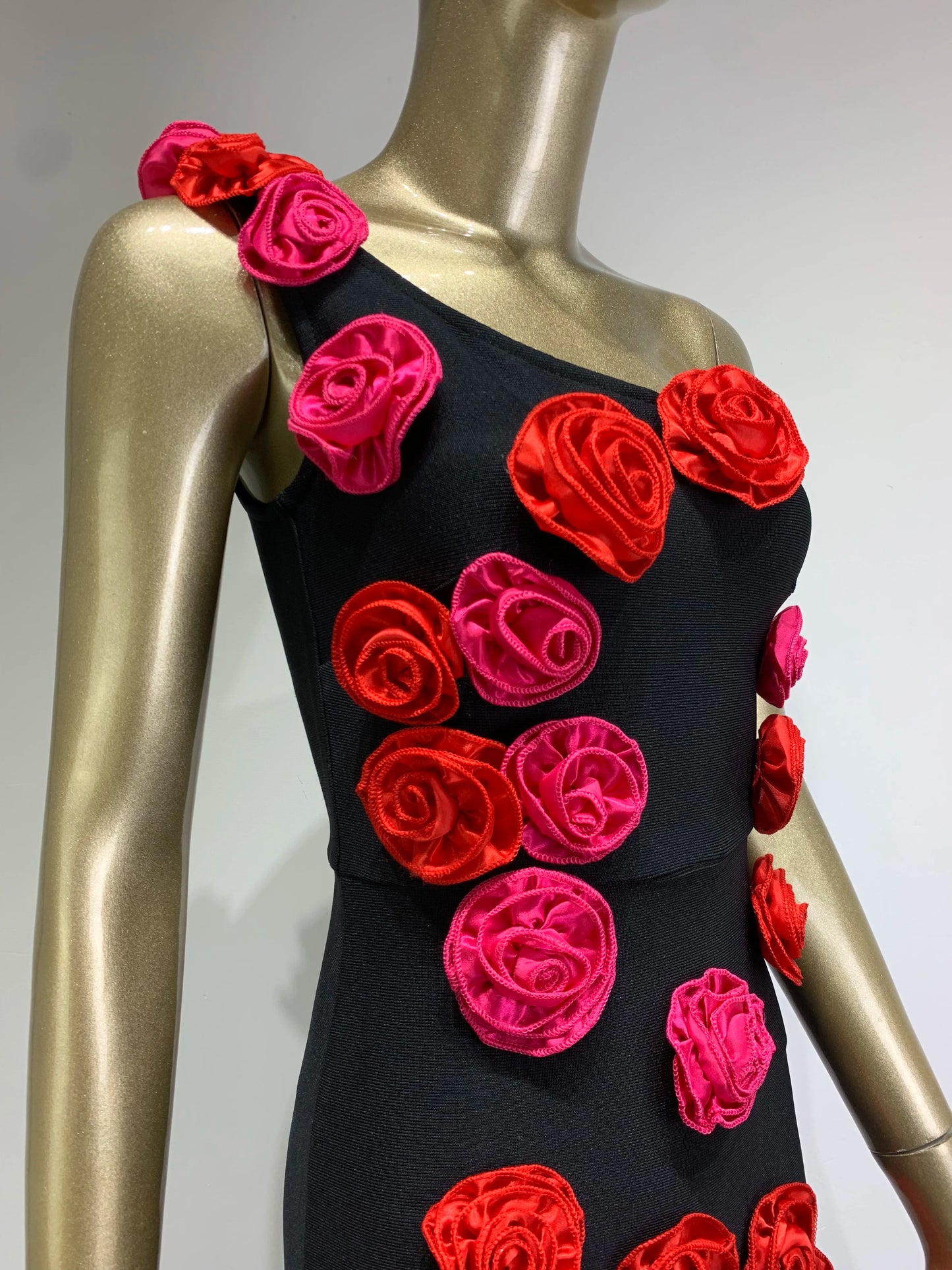 One Shoulder Rose Detail Midi Dress Black HV1094