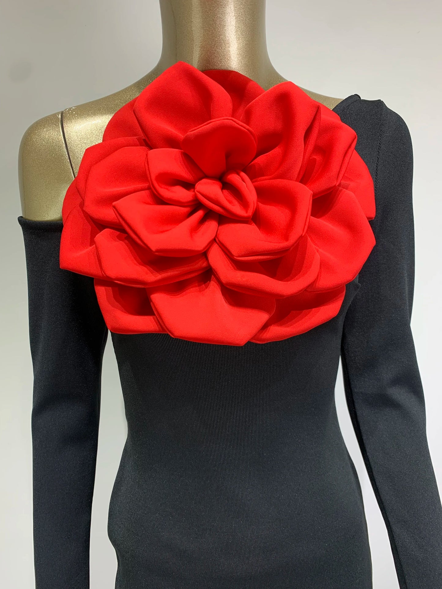 Long Sleeve Rose Detail Maxi Dress Black Red HV1031