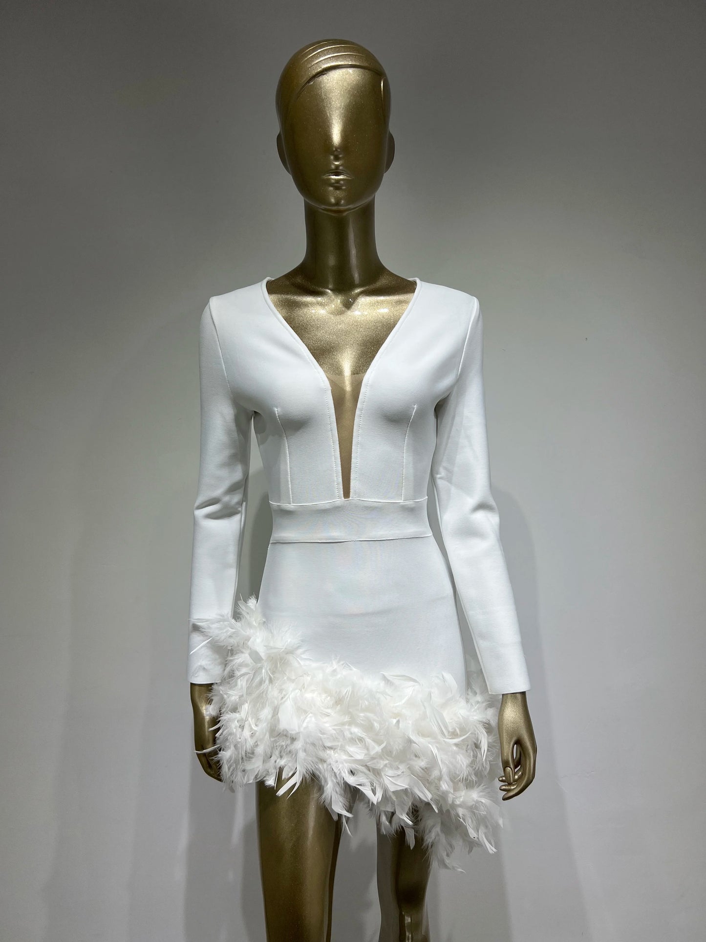 Long Sleeve Rhinestone Feather Dress HV9215