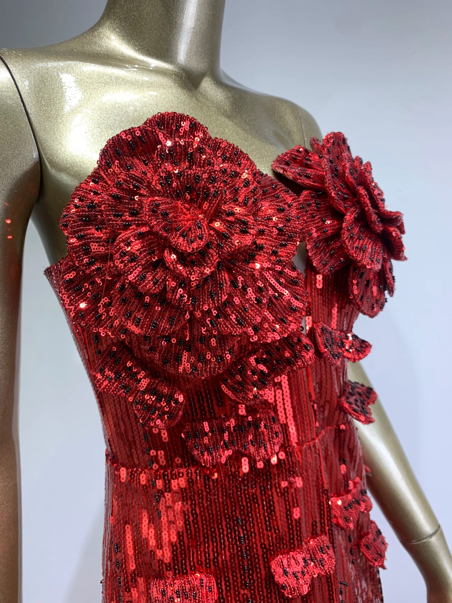 Strapless Flower Sequin Maxi Dress Red HV1007