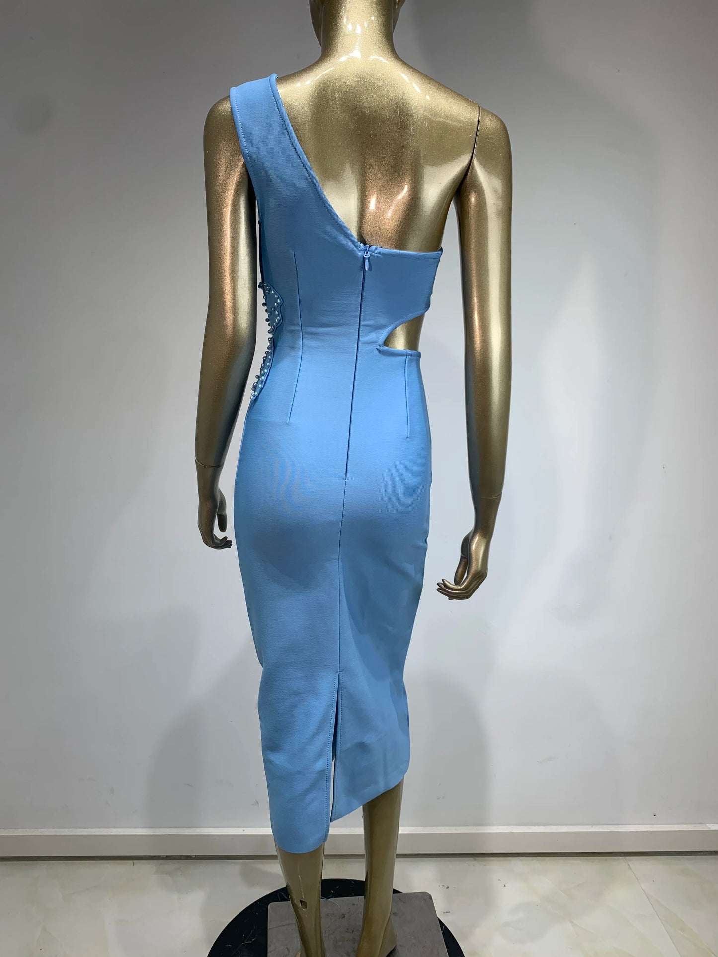 One Shoulder Pearl Flower Midi Dress Blue HV1188
